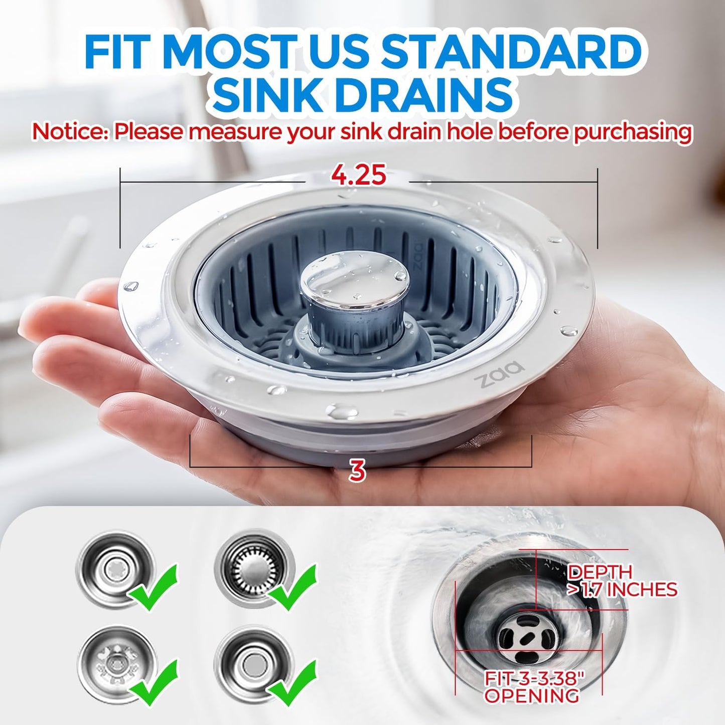 Skiennix Sink Drain Strainer - 3-in-1 Anti-Clogging Kitchen Stopper | Fits US Standard 3-1/2'' Sink Hole, Silver