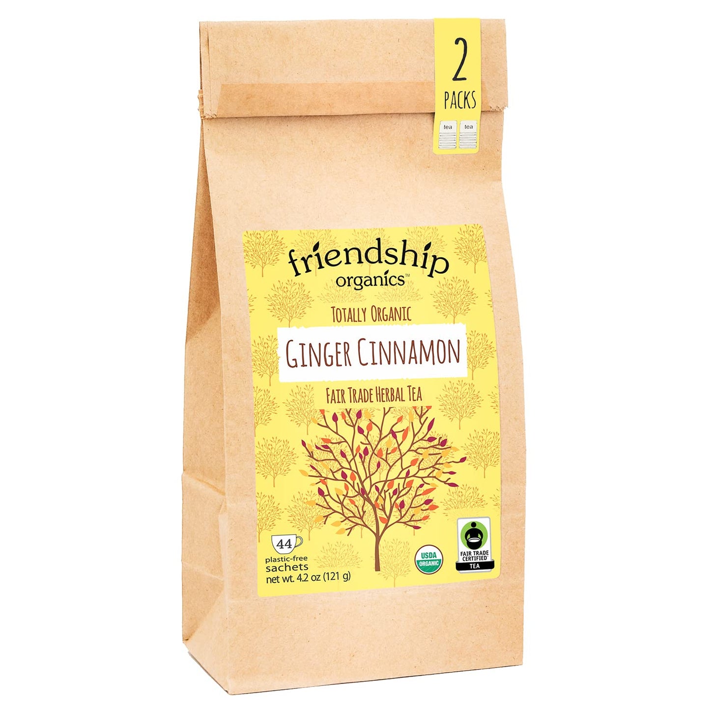 Friendship Organics Ginger Cinnamon Tea Bags, Organic and Fair Trade Herbal Tea 44 Count