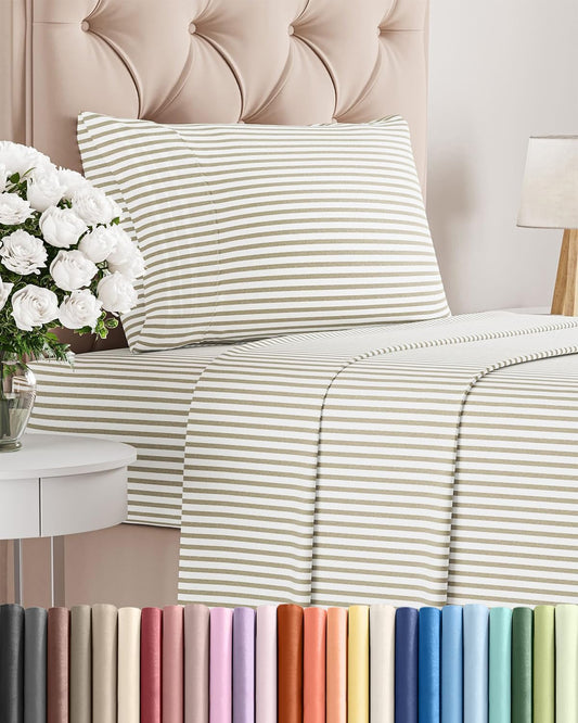 Skiennix Twin Size 3-Piece Sheet Set - Comfy, Breathable & Cooling Bed Sheets - Luxury Beige Stripes