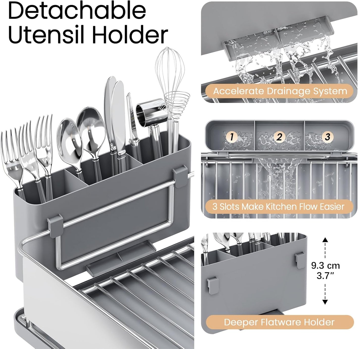 Skiennix Dish Drying Rack - Large Capacity Stainless Steel Kitchen Organizer with Auto Drain Spout | Gray