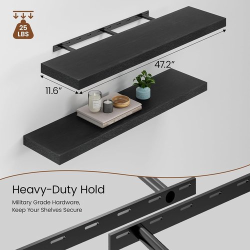Heimlove Floating Shelves - Set of 2 Black Wood Shelves | 48"W x 12"D for Bedroom, Living Room, Kitchen, Home Office