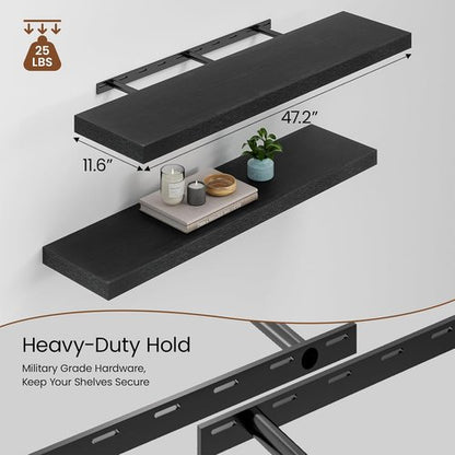 Heimlove Floating Shelves - Set of 2 Black Wood Shelves | 48"W x 12"D for Bedroom, Living Room, Kitchen, Home Office