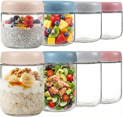 ColoVie Overnight Oats Containers - 8 Pack Stackable Glass Jars with Airtight Lids | 16oz & 10oz Sizes