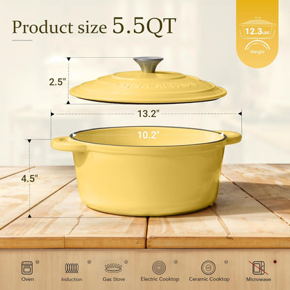 Overmont Enameled Cast Iron Dutch Oven - 5.5QT Heavy-Duty Pot with Lid & Potholders | Goose Yellow