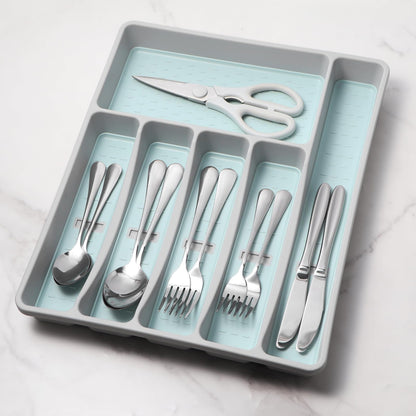 CherHome Silverware Organizer with Cutlery Icons,Silverware Tray for Kitchen Drawer,Plastic Flatware Tableware Silverware Drawer Organizer Utensil Organizer with Non-slip TPR Linings，6-Compartment