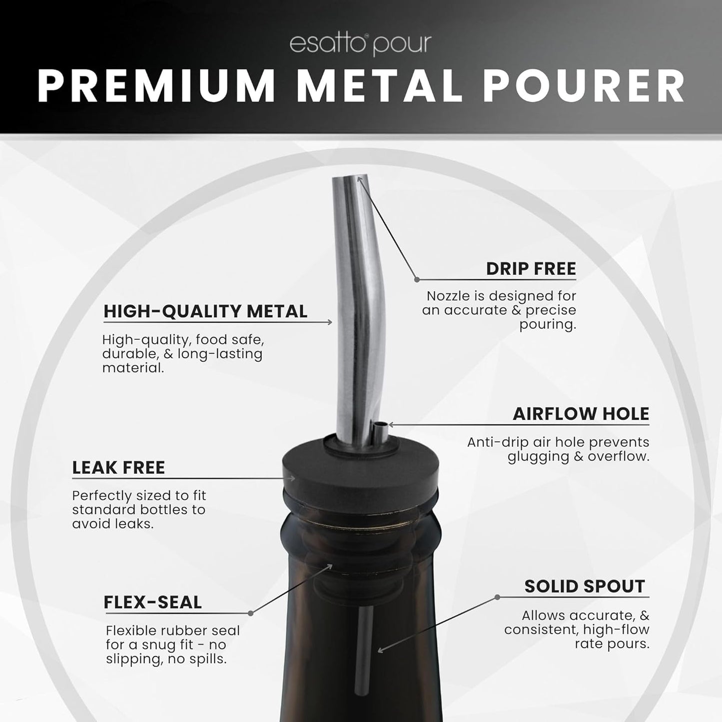 Stainless Steel Liquor Bar Bottle Pourers - Drip-Free Nozzle - Pour Spouts for Alcohol & Bartending - Universal Fit Speed Spout - Rust-Free & Easy Clean - Chrome (6 Pack)