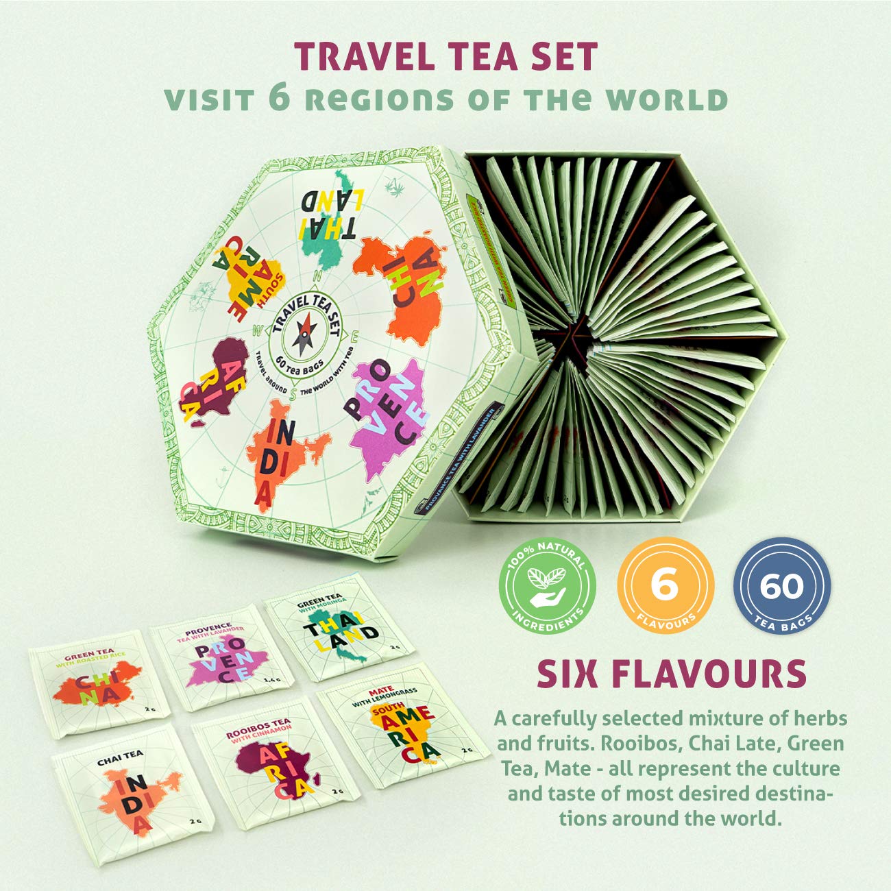 ACORUS Travel Tea Set | Round-The-World Trip of Your Dreams with Selection of Teas You Have Never Tasted Before | Assorted Tea Gift Set | Herbal and Fruit Variety Pack | 60 Tea Bags