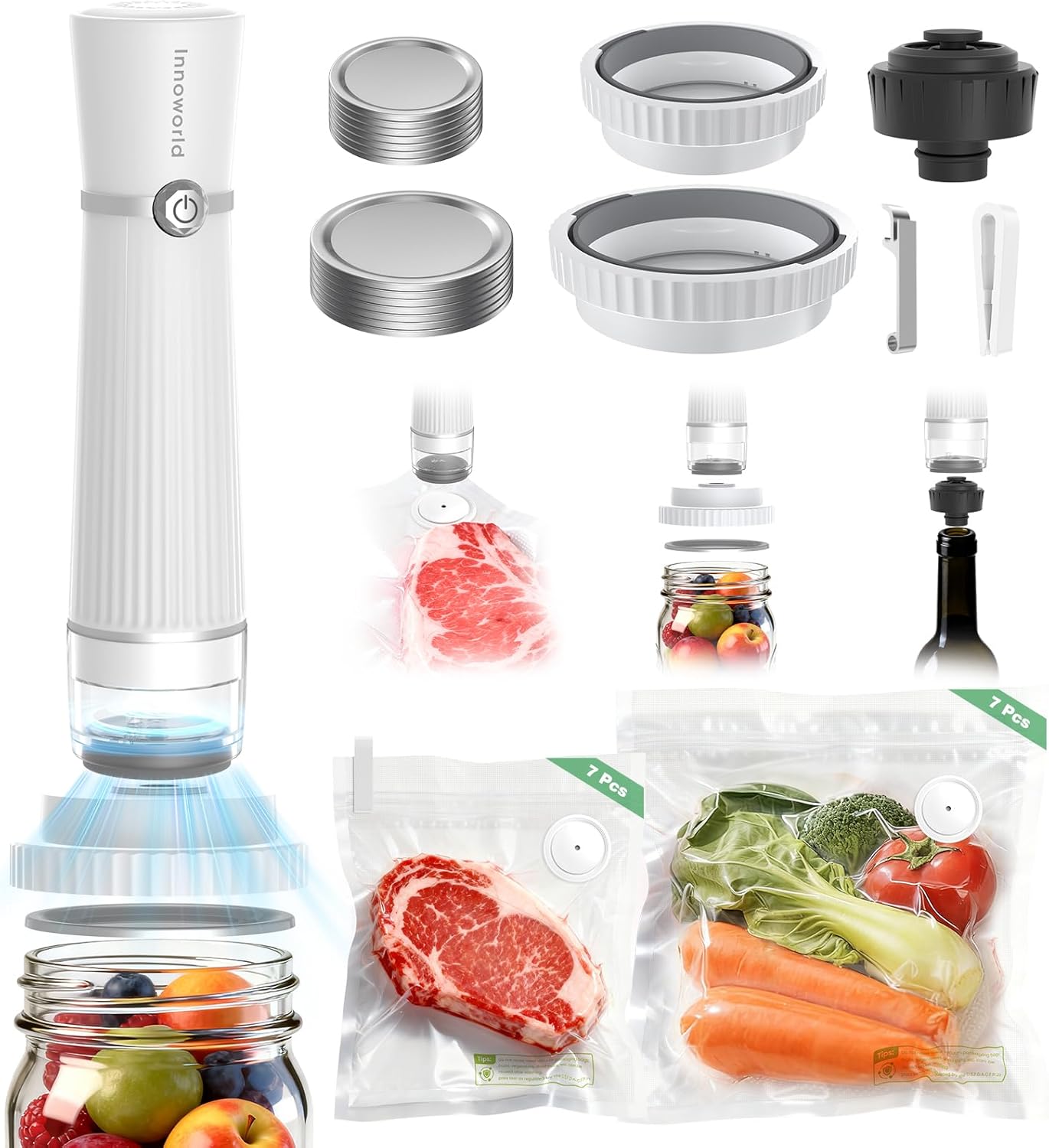 Skiennix 3-in-1 Vacuum Sealer - Compact Handheld Food Saver with 14 Reusable Bags & Jar Compatibility