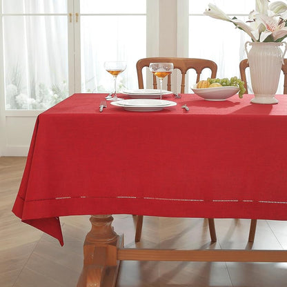 Red Hemstitch Tablecloth – Faux Linen 86" × 60" Rectangle, Handmade Fringe