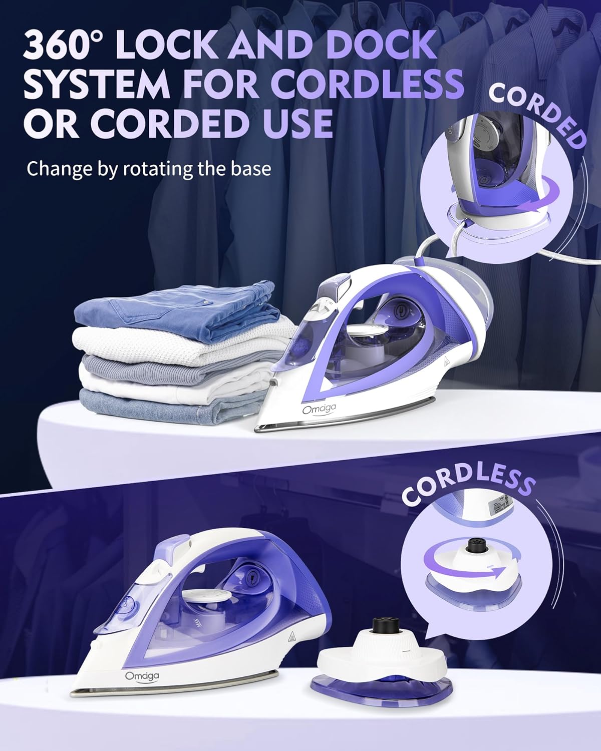 OMAIGA Cordless Steam Iron - 1550W Rapid Heating, Ceramic Soleplate, 3-Way Auto-Off | Purple, 12.85oz Tank