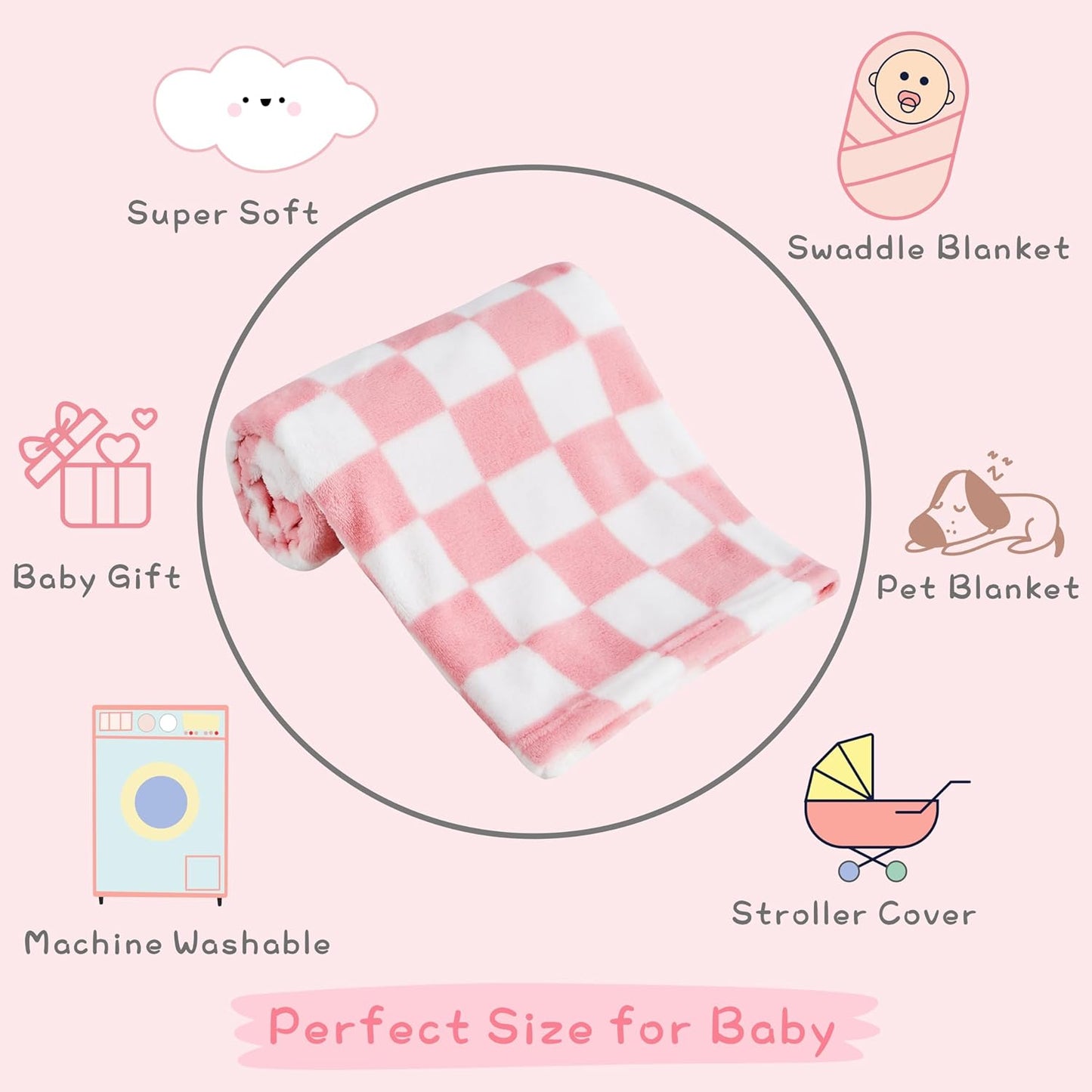 Yurhap Checkered Baby Blanket - Soft Pink Fleece for Girls & Boys | Lightweight 30''x40'' Comfort Blanket