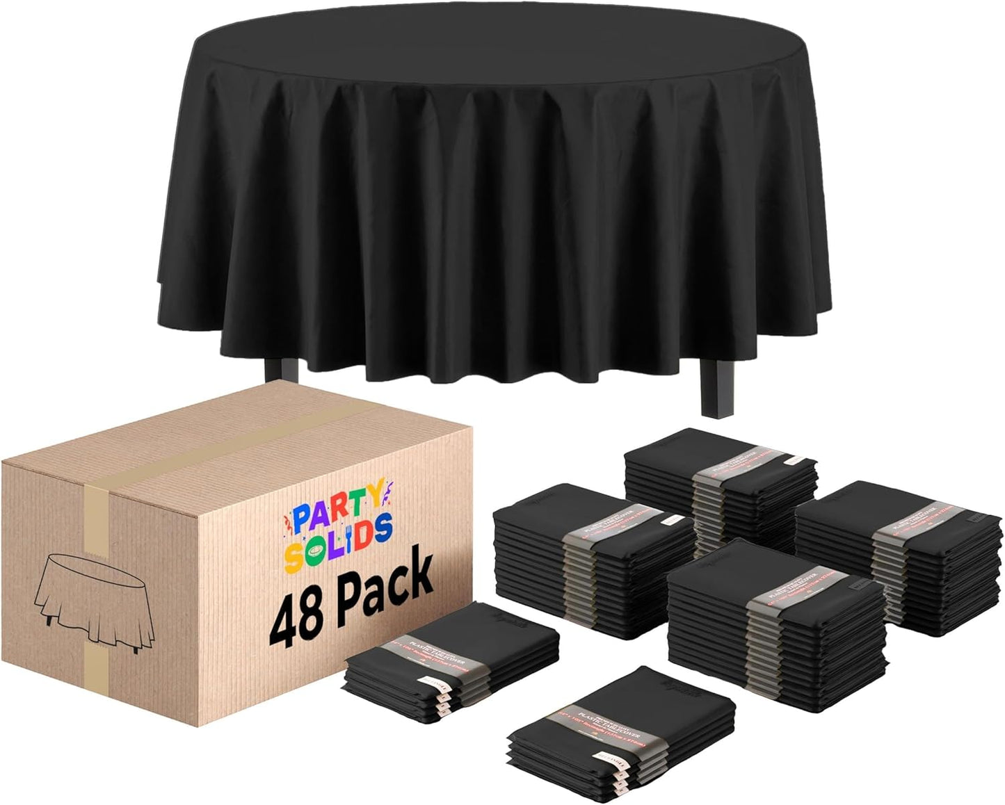 Skiennix Black Round Tablecloths - Disposable Plastic Table Covers for Indoor/Outdoor Events | 84" Inch, 48 Pack