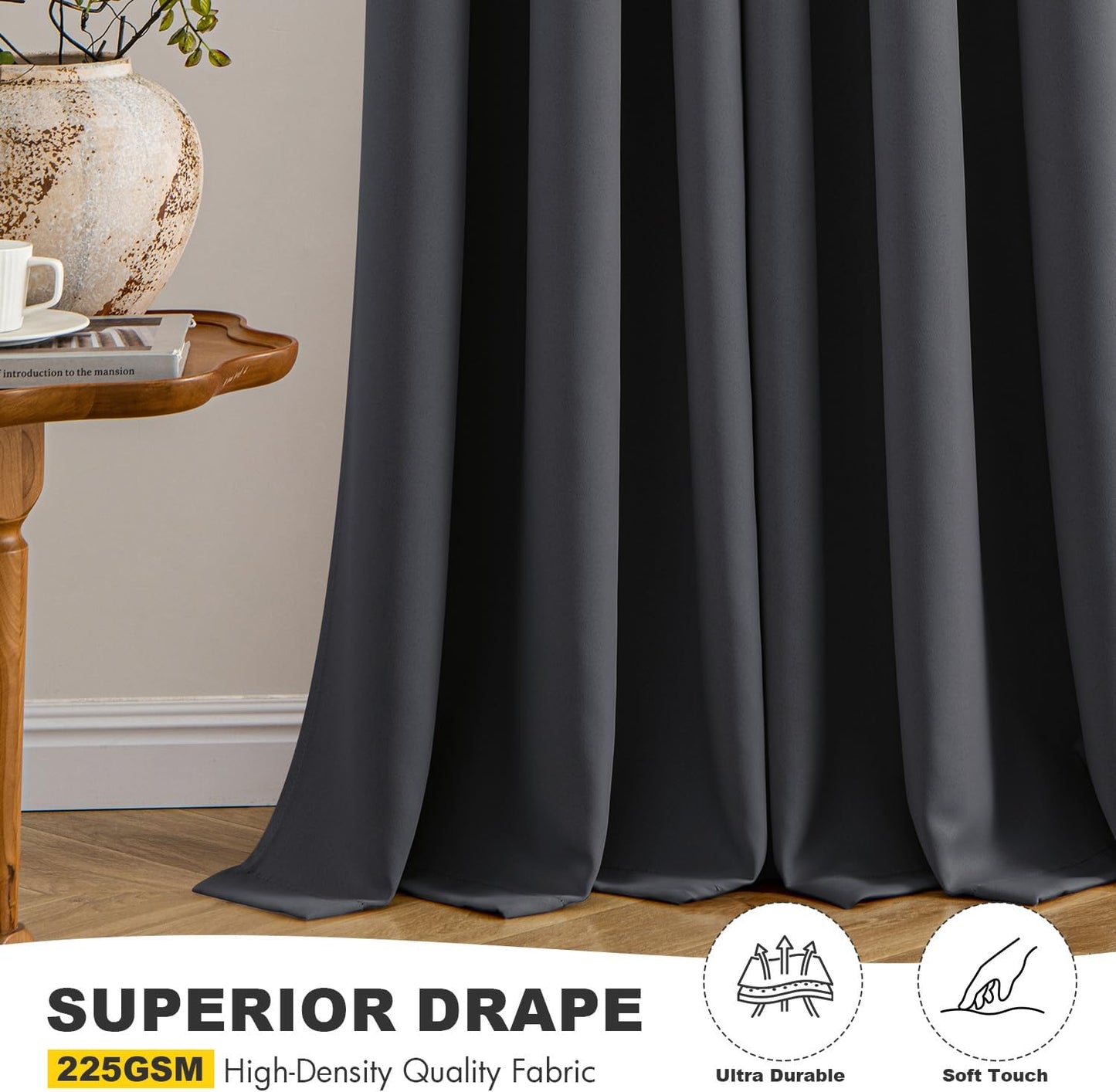 MIULEE Dark Grey Blackout Curtains - Thermal Insulated Room Darkening Drapes | 63 Inches Long, 2 Panels
