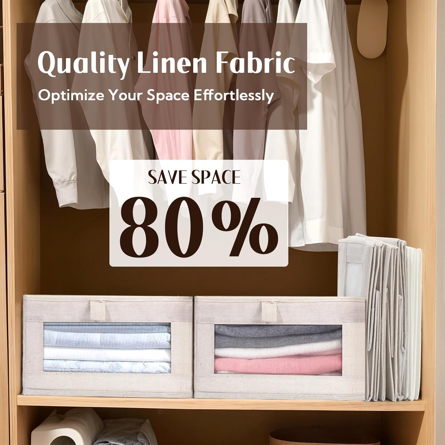 VZZNN Linen Closet Organizers - 4 Pack Foldable Storage Bins with Clear Window - Beige