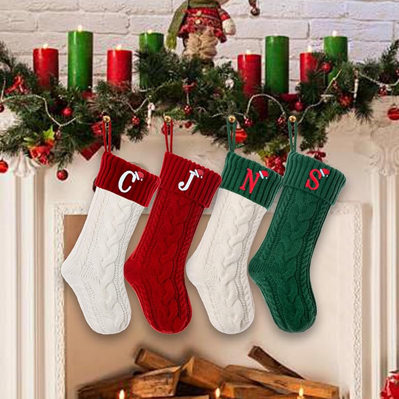 Personalized 18 Inch Knitted Christmas Stocking with Initials N – White & Green, Embroidered Monogram