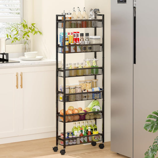 ThreeHio 6-Tier Slim Storage Cart - Mobile Metal Shelving Unit with Wheels for Kitchen & Bathroom - Black 6in(W)