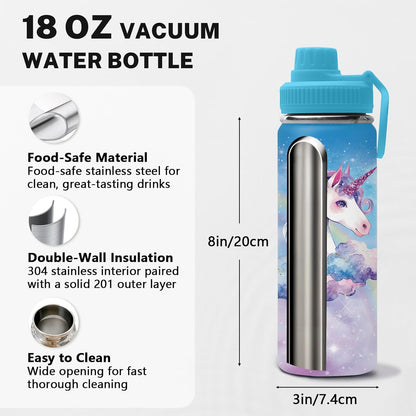 Skiennix Unicorn Water Bottle - 18oz Stainless Steel Insulated Tumbler with 2 Lids & Handle | Leak-Proof Design