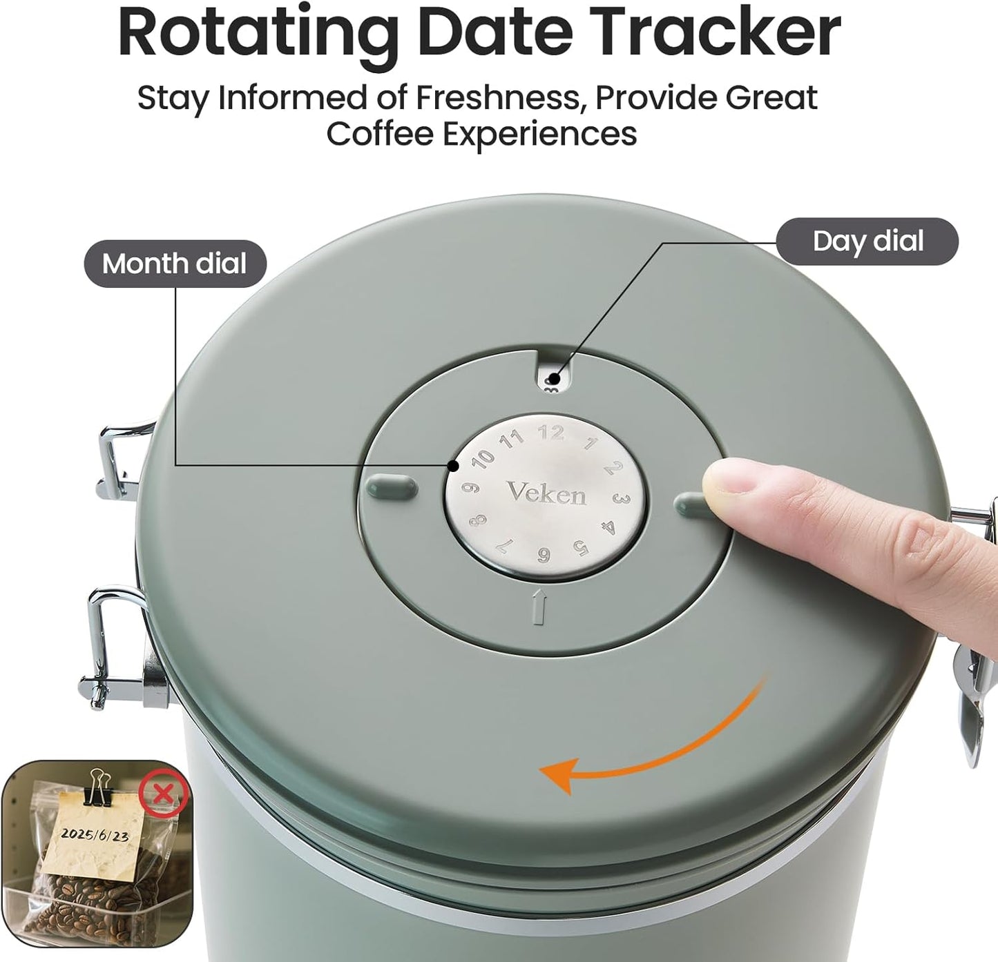 Veken Coffee Canister - 39oz Airtight Stainless Steel Storage for 2.2lbs Coffee, Sugar, Tea | Green with Date Tracker & Scoop