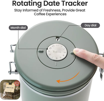 Veken Coffee Canister - 39oz Airtight Stainless Steel Storage for 2.2lbs Coffee, Sugar, Tea | Green with Date Tracker & Scoop