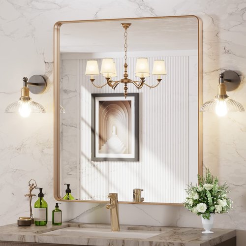 LOAAO 30”X36” Gold Bathroom Mirror, Rounded Rectangle Gold Frame Mirror, Brushed Gold Bathroom Vanity Mirror Wall-Mounted, Anti-Rust, Tempered Glass, Hangs Horizontally or Vertically