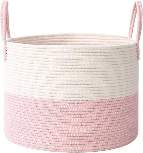 JMvicyroam Extra Large Blanket Basket - Woven Cotton Rope Laundry Hamper with Reinforced Handles | White & Pink, Machine Washable