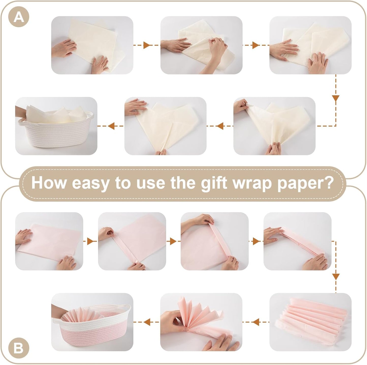 OIAHOMY Small Woven Gift Basket - 12"x8"x5" with Handle, Ribbon & Tissue Paper for Dog Toy Storage - Pink & White