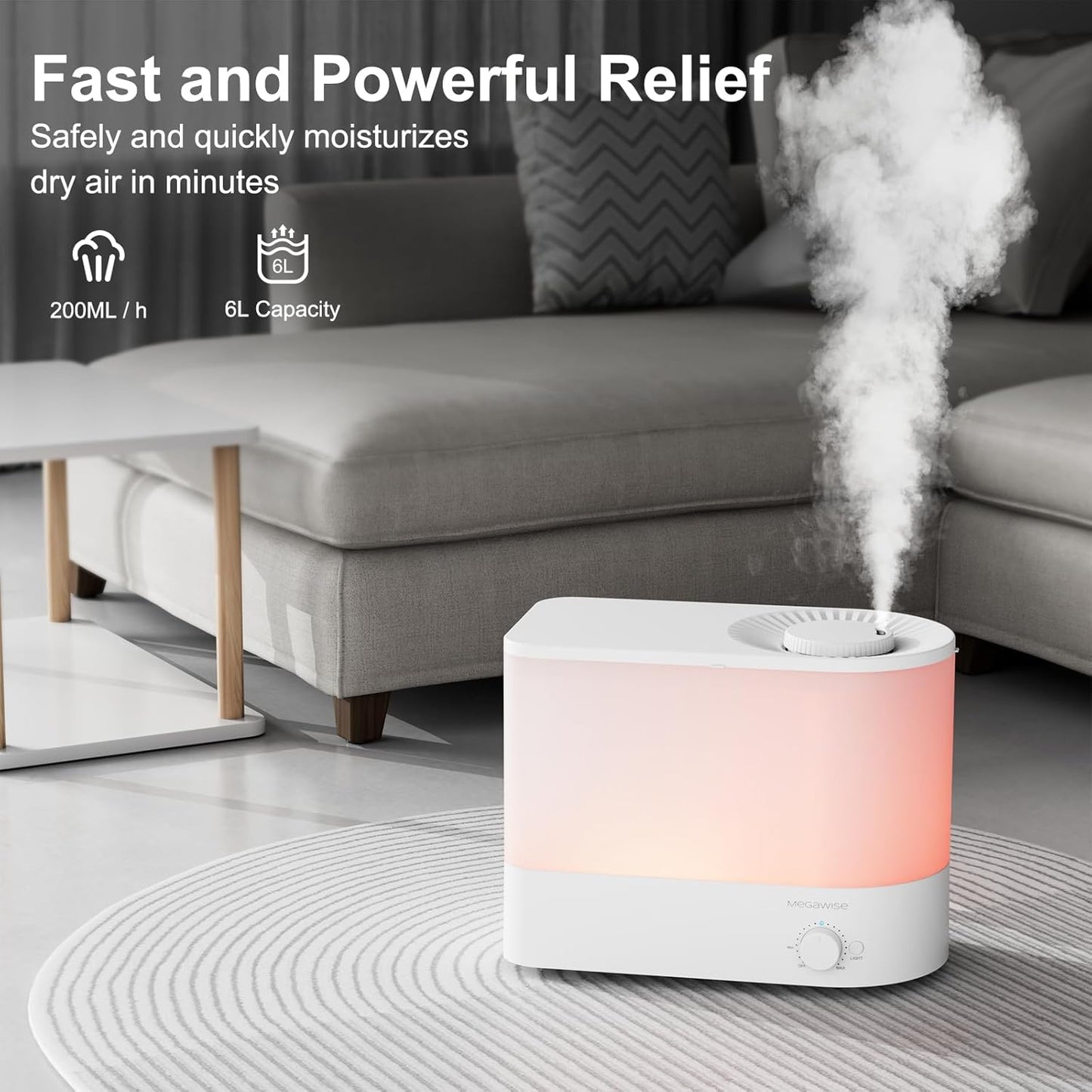 MEGAWISE 2025 Large Capacity Humidifier - 6L Top Fill Design, Ultra Quiet Cool Mist for Bedroom & Nursery (White)