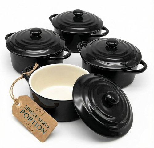 Kook Ceramic Mini Cocotte Set - Small Casserole Dishes with Lids | Oven & Microwave Safe, 12 oz, Set of 4 (Black)