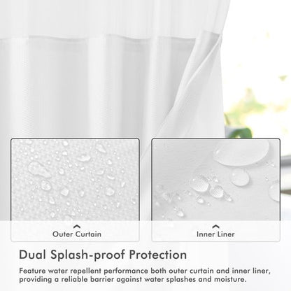 Mrs Awesome No Hook Shower Curtain with Snap-in Liner Less Time On/Off, Embossed Waffle-Look Textured Fabric Shower Curtain for Bathroom Hotel Style, Washable, Soft & Lightweight, 71x74, White