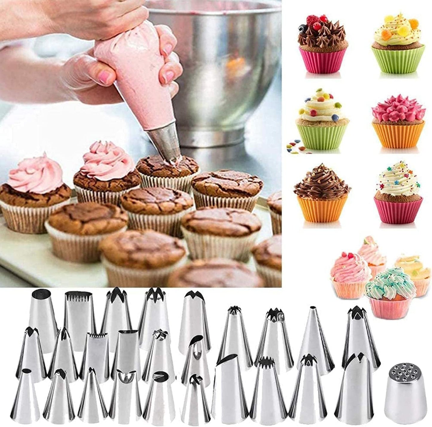 Skiennix Icing Nozzles Set - Stainless Steel Piping Tips with Reusable Silicone Bag | Perfect for Cakes, Cupcakes, and Pastries