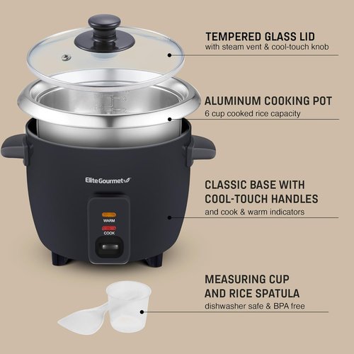 Elite Gourmet Electric Rice Cooker - Automatic Keep Warm Feature, 6 Cups Cooked, Black