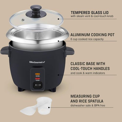 Elite Gourmet Electric Rice Cooker - Automatic Keep Warm Feature, 6 Cups Cooked, Black