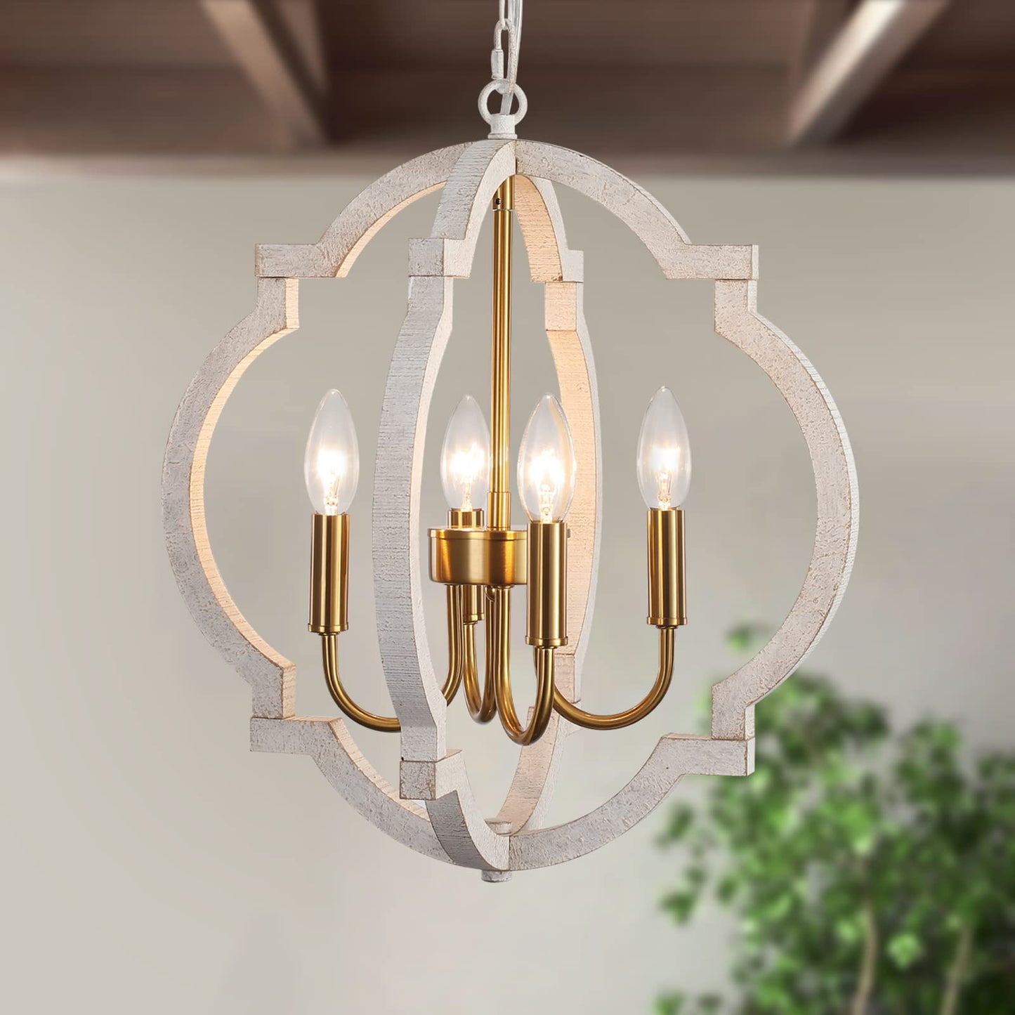 Rustic Farmhouse Chandelier 4 Light Vintage Gold and White Orb Wood Chandelier Hanging Light Fixtures Retro Flush Mount Ceiling Pendant Light for Dining Room Living Room Kitchen Entryway Hallway