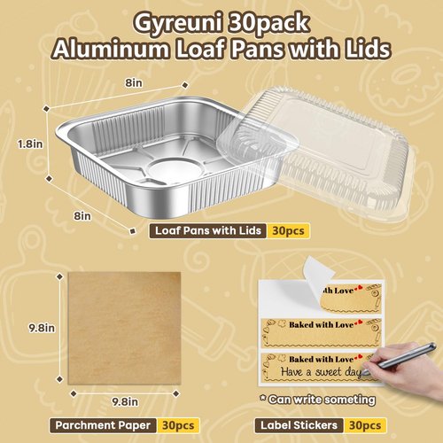 Gyreuni 30 Pack Disposable Aluminum Foil Loaf Pans with Lids & Parchment Paper | 8" x 8" Square Baking Tins