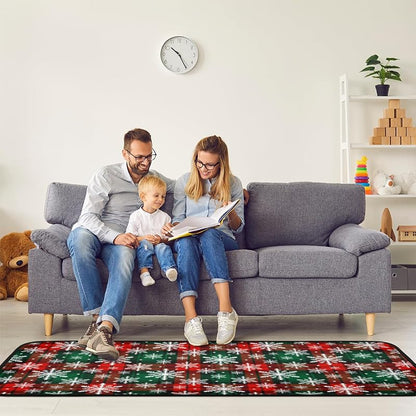 Christmas Snowflake Plaid Runner Rug 2' x 6' - Non-Slip Washable Hallway Mat, Holiday Decor (A01)