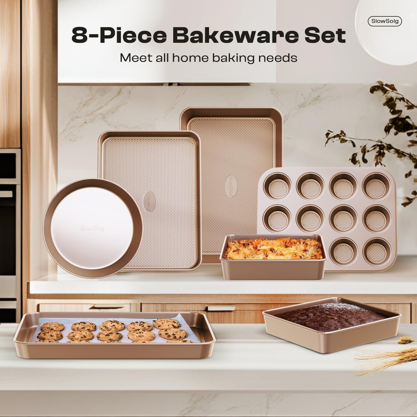 Skiennix Baking Pans Set - 8-Piece Nonstick Bakeware Set with Ceramic Coating | Gold Finish