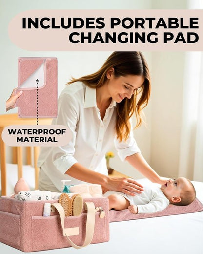 Baby Diaper Caddy Organizer - Portable Changing Mat & Removable Dividers - Teddy Fleece Design