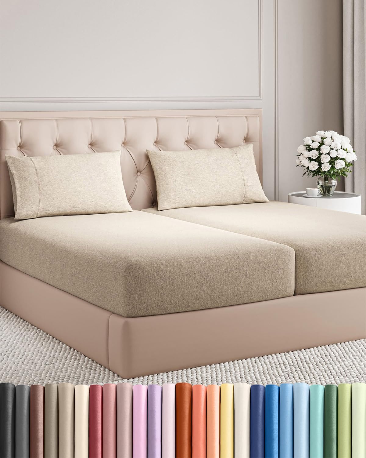 Split King Size 5-Piece Sheet Set | Comfy Cooling Bed Sheets - Luxury Hotel Quality - Beige