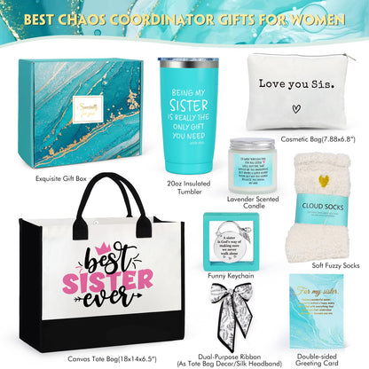 Sisters Gifts from Sister, Sister Christmas Gifts, Sister Birthday Gifts, Best Sister Ever Gift Basket with Tote Bag, Love You Sister Unique Gifts Ideas for Sister, Sister in Law