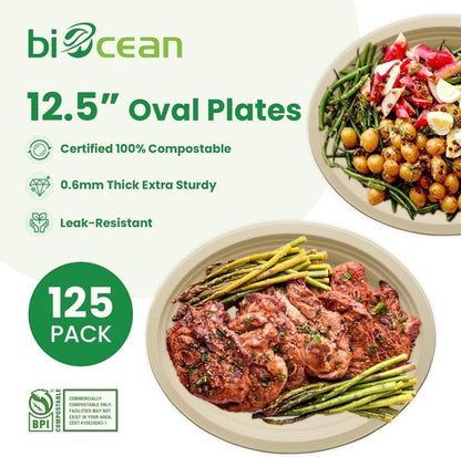 Compostable Oval Plates by Eco-Choice | Heavy-Duty 12.5 Inch Biodegradable Sugarcane Plates - 125 Pack