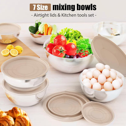Stainless Steel Mixing Bowls Set by [Brand Name] - 7-Piece with Lids & Grater Attachments | Perfect for Cooking & Baking, Khaki