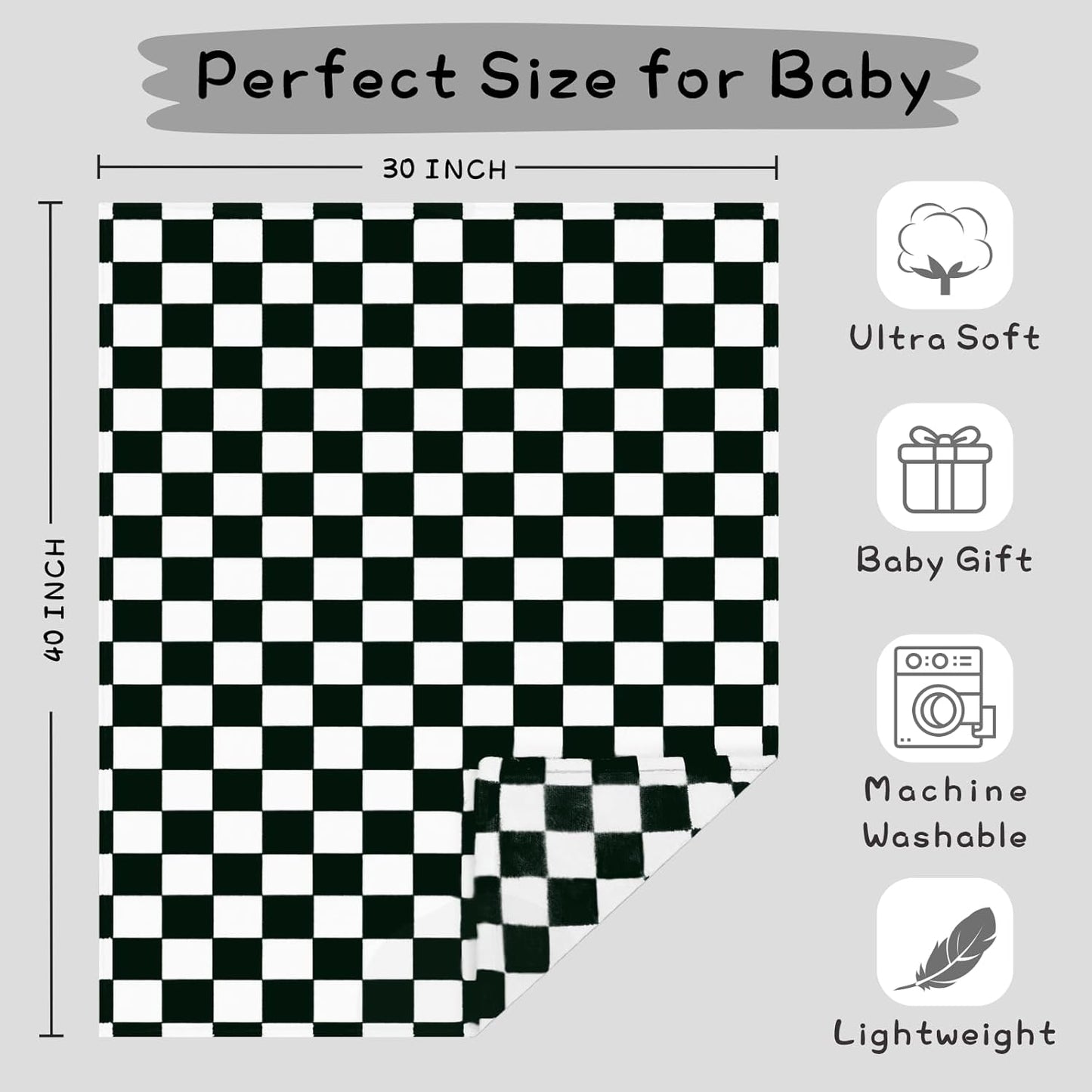 Yurhap Checkered Baby Blanket - Ultra Soft Fleece for Boys & Girls | Cozy 30''x40'' Crib & Stroller Blanket in Black