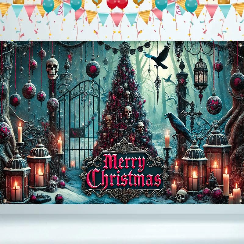 Gothic Christmas Banner Large 71x43 Inch Holiday Fabric Backdrop with Skull Tree Ravens Candles - Multicolored