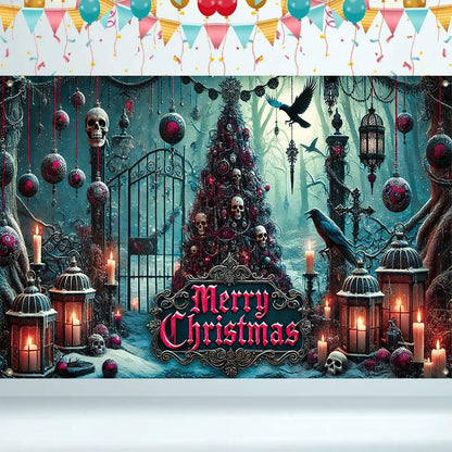 Gothic Christmas Banner Large 71x43 Inch Holiday Fabric Backdrop with Skull Tree Ravens Candles - Multicolored
