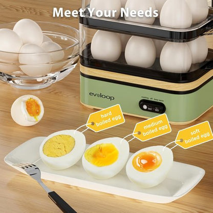 Evoloop Rapid Egg Cooker - Electric 12 Egg Capacity | Soft, Medium, Hard Boiled & Poached Eggs, BPA-Free Green Tray