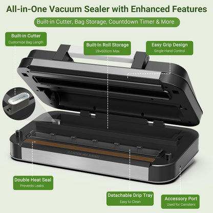 Vacuum Sealer Machine - 95kPa Powerful Double Pump System | 10-in-1 Food Sealing with Built-in Cutter & Storage