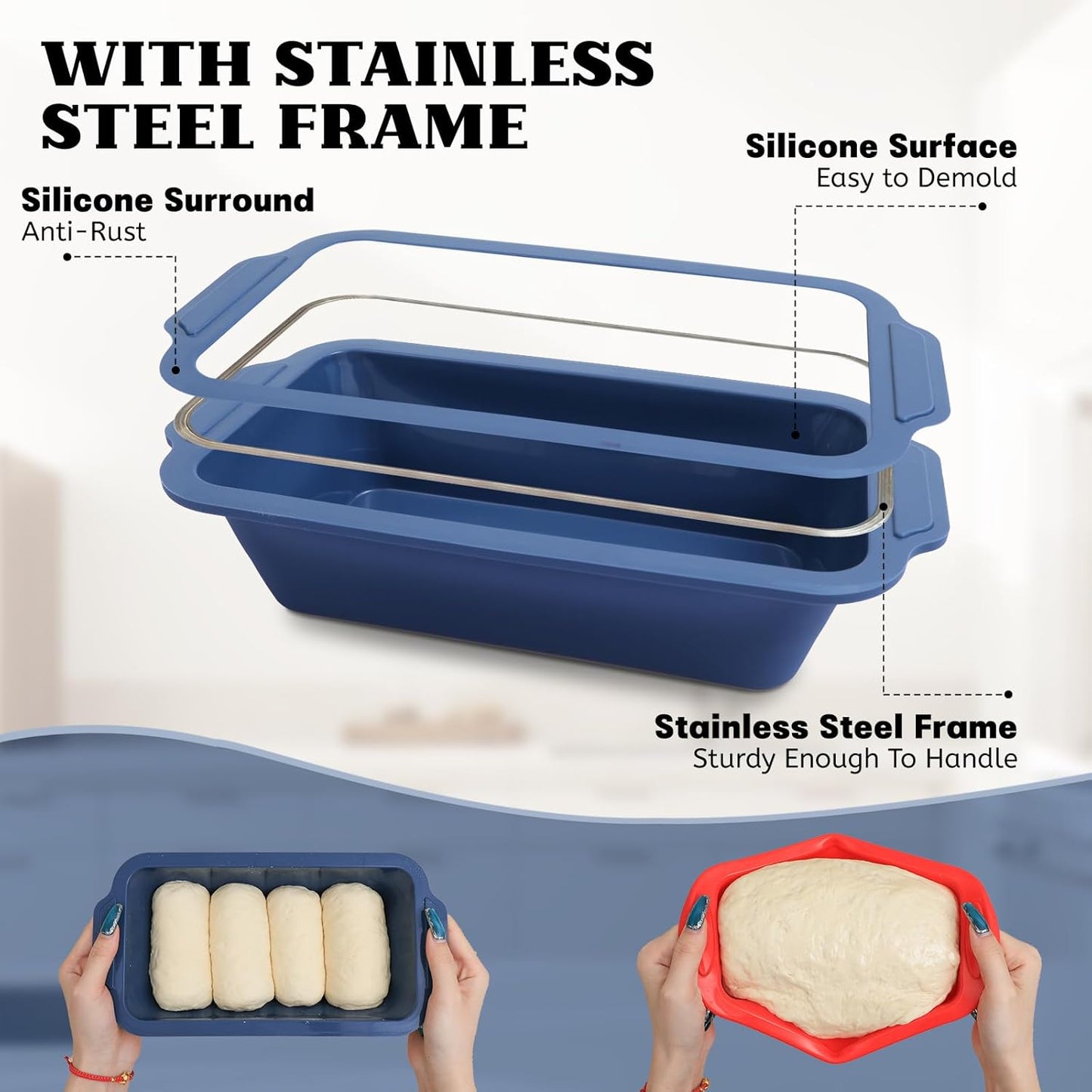 Skiennix Silicone Bread Pan - Nonstick 9.5 x 5 Inch Loaf Pan with Metal Frame for Baking Bread