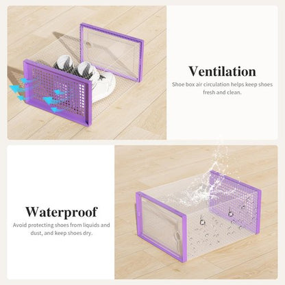 Kuject X-Large Shoe Storage Boxes - Clear Plastic Stackable 12 Pack for Sneakers & Toys | Purple