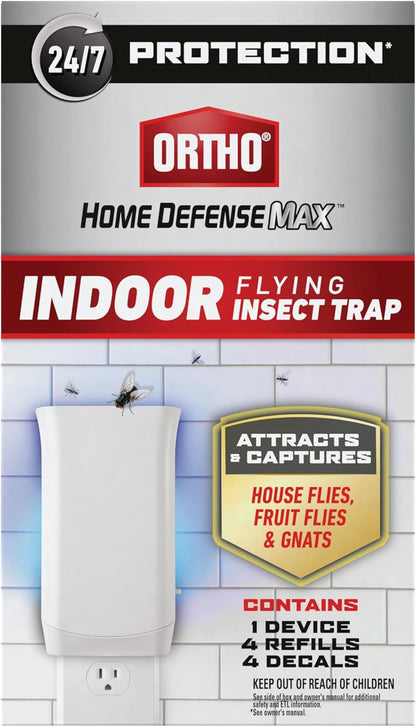 Ortho Home Defense Max Indoor Flying Insect Trap, Light Trap for House Flies, Fruit Flies, and Gnats, 1 Plug-in and 4 Refills