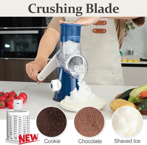Cambom Rotary Cheese Grater - Hand Crank Shredder for Fresh Cheese & Vegetables | Deep Blue, Five Blades